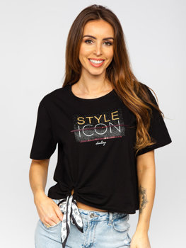 Bolf Damen T-Shirt mit Pailletten und Aufdruck Schwarz  DT101